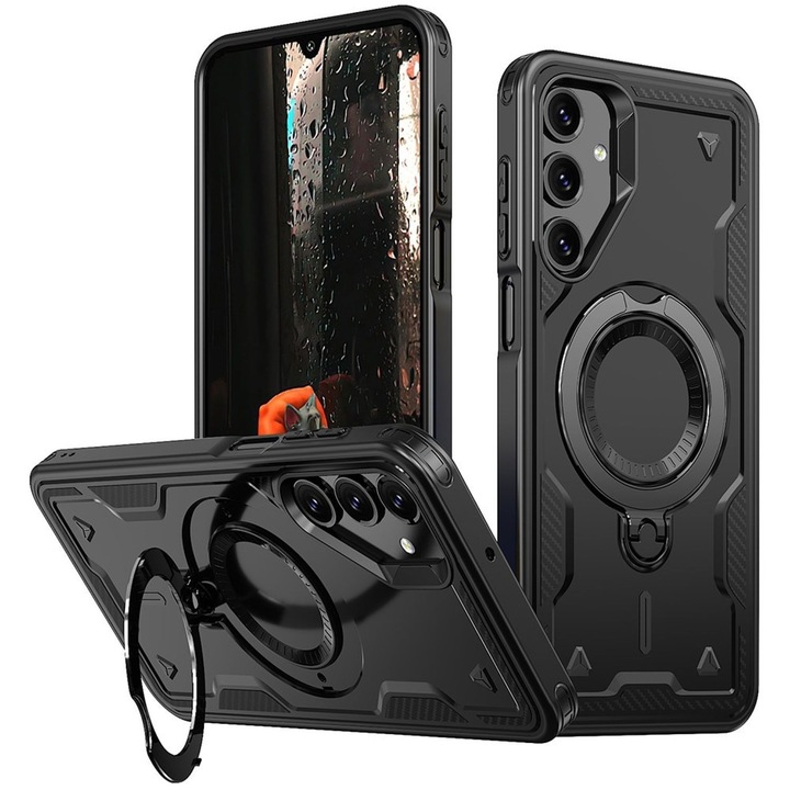 Husa Militara Premium pentru Samsung Galaxy A56/A36 cu Suport Rotativ 360° si Compatibilitate MagSafe, Rezistenta la Socuri - Negru