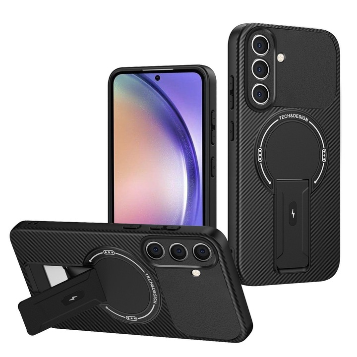Husa magnetica pentru Samsung Galaxy A56/A36, carcasa protectie cu model fibra de carbon, suport incorporat, anti-soc, protectie completa