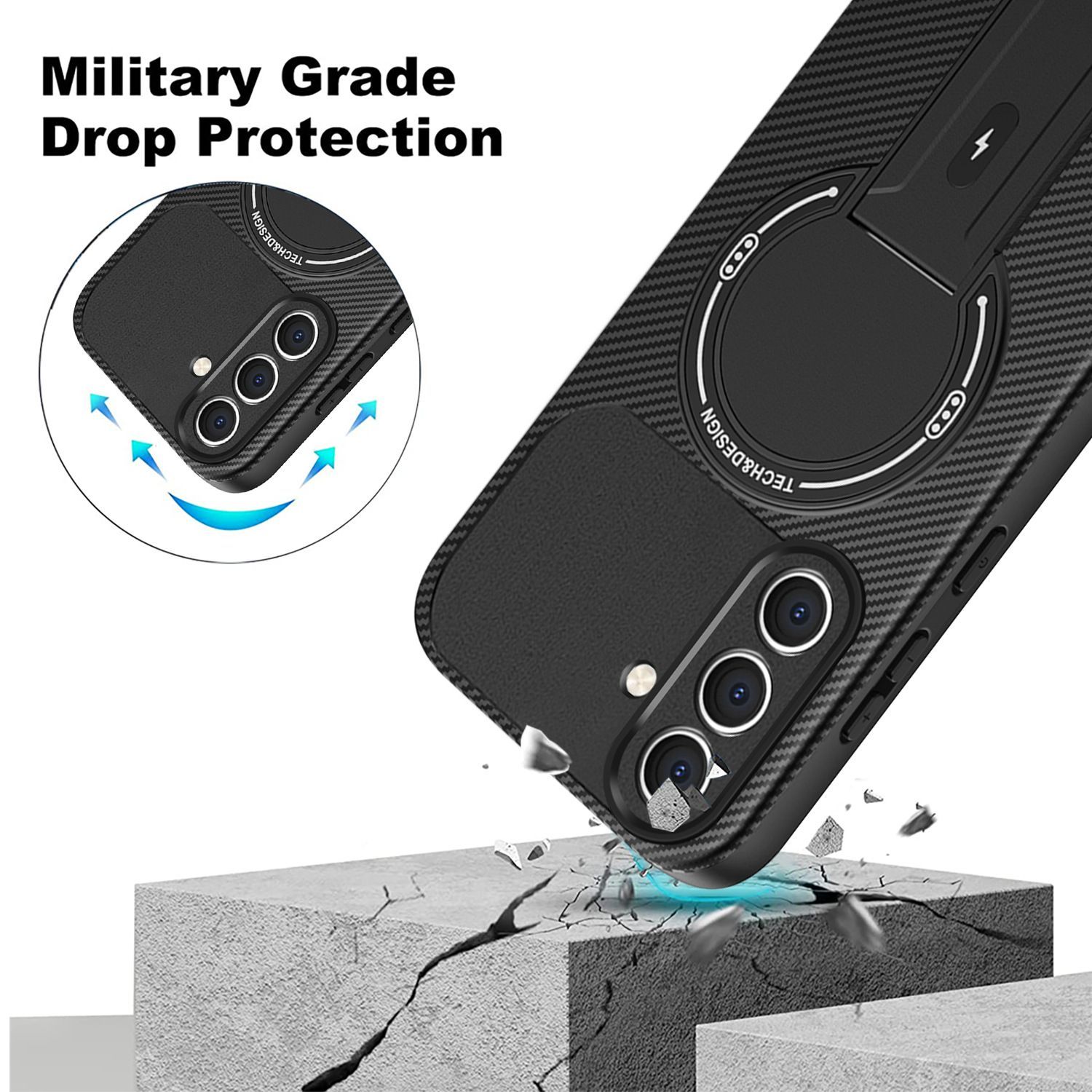 Husa magnetica pentru Samsung Galaxy A56/A36, carcasa protectie cu model fibra de carbon, suport incorporat, anti-soc, protectie completa