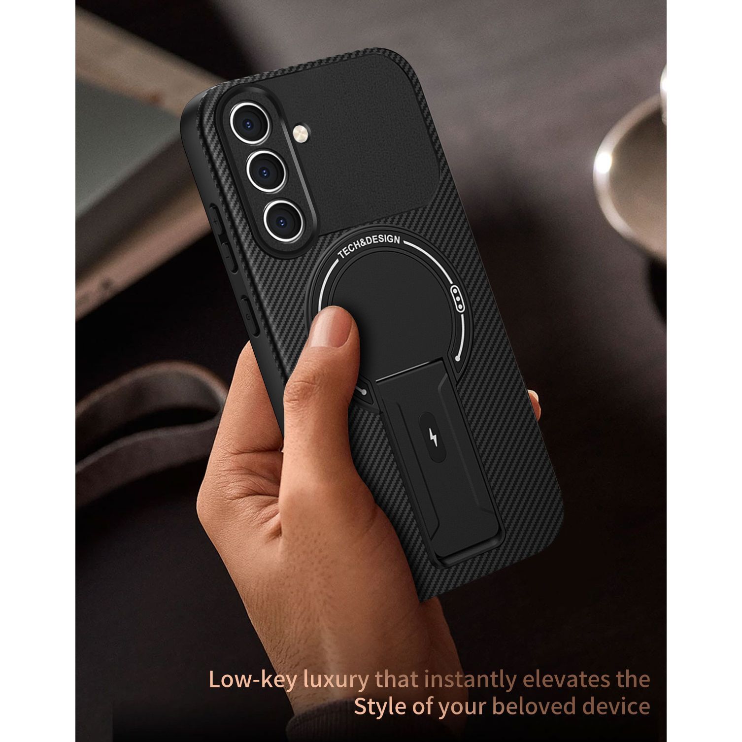 Husa magnetica pentru Samsung Galaxy A56/A36, carcasa protectie cu model fibra de carbon, suport incorporat, anti-soc, protectie completa