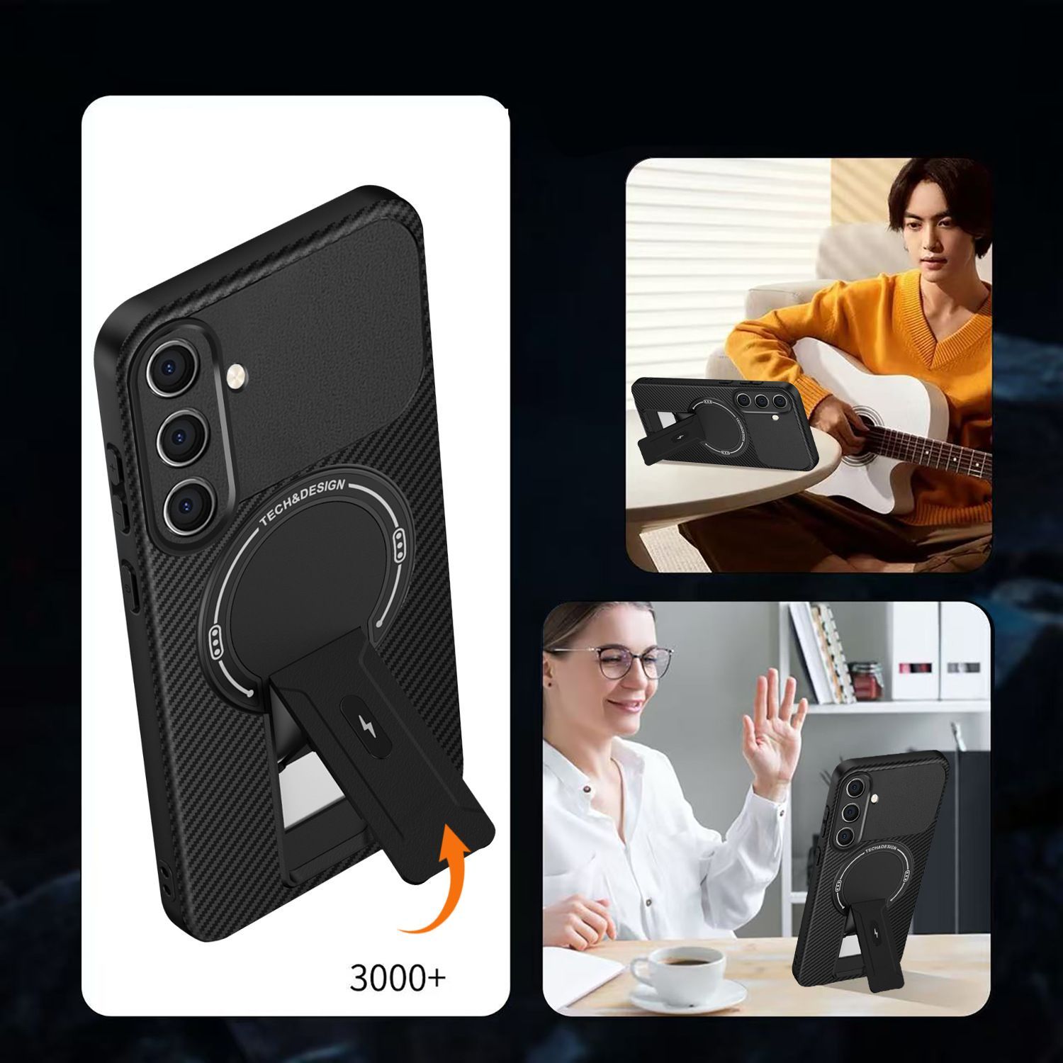 Husa magnetica pentru Samsung Galaxy A56/A36, carcasa protectie cu model fibra de carbon, suport incorporat, anti-soc, protectie completa