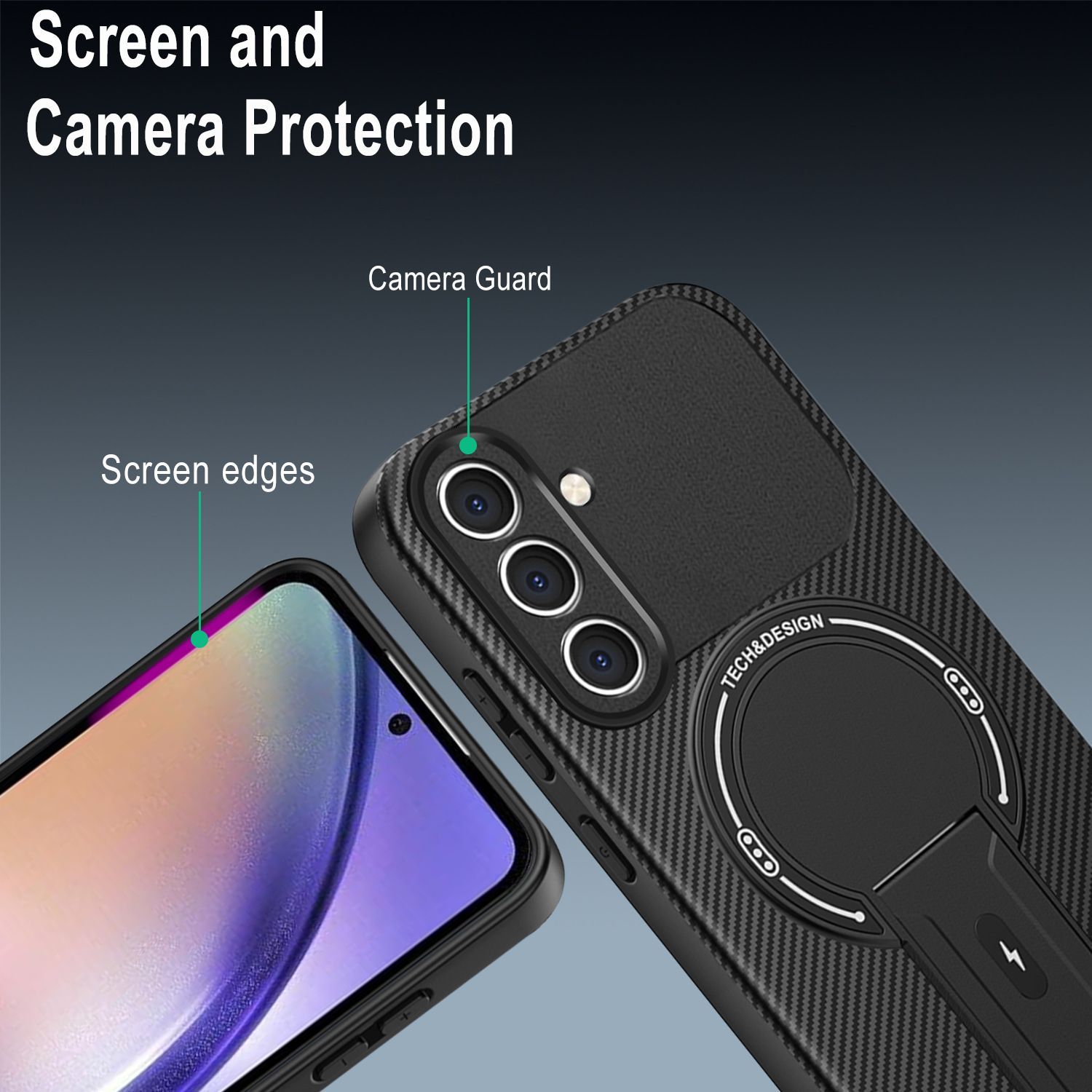 Husa magnetica pentru Samsung Galaxy A56/A36, carcasa protectie cu model fibra de carbon, suport incorporat, anti-soc, protectie completa