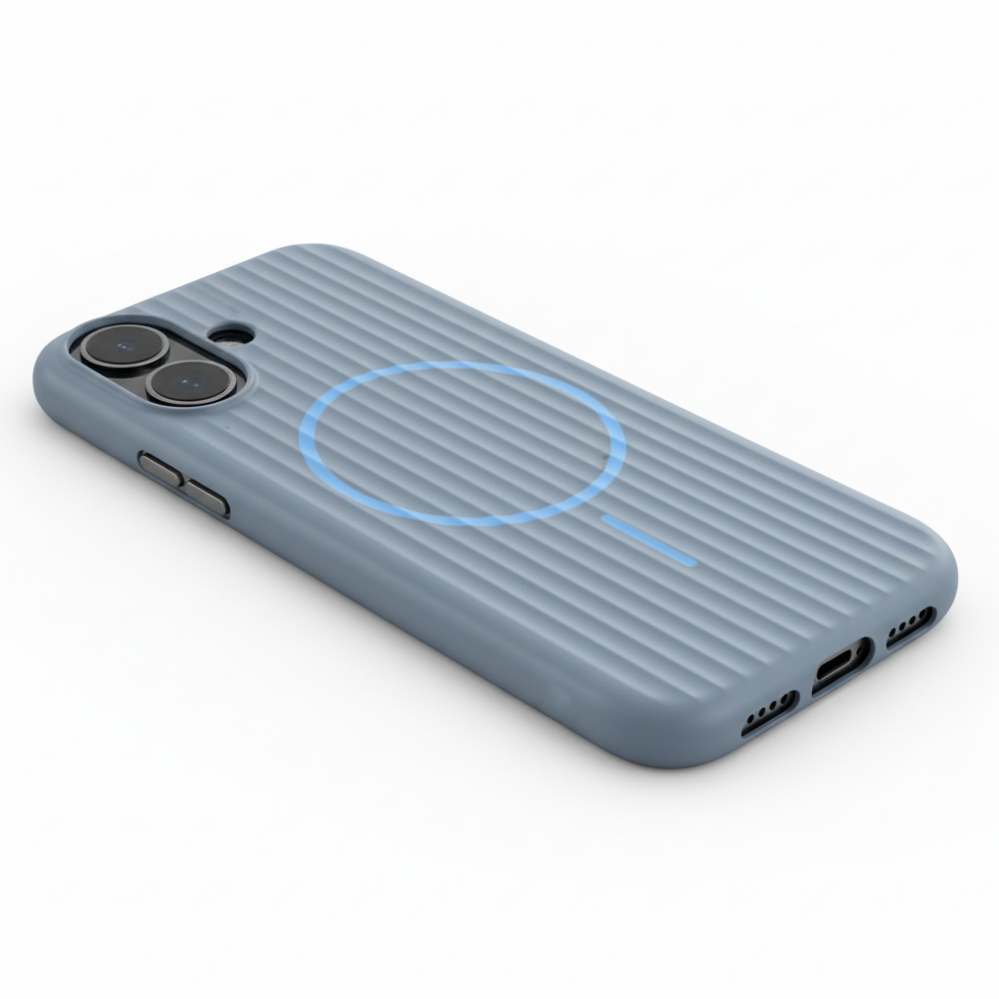 Husa Premium pentru iPhone 17, Policarbonat Dur, Functie MagSafe, Anti-Soc, Mata cu Dungi, Ultra Slim, Protectie Spate, Albastru Cenusiu