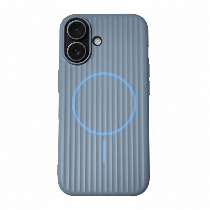 Husa Premium pentru iPhone 17, Policarbonat Dur, Functie MagSafe, Anti-Soc, Mata cu Dungi, Ultra Slim, Protectie Spate, Albastru Cenusiu