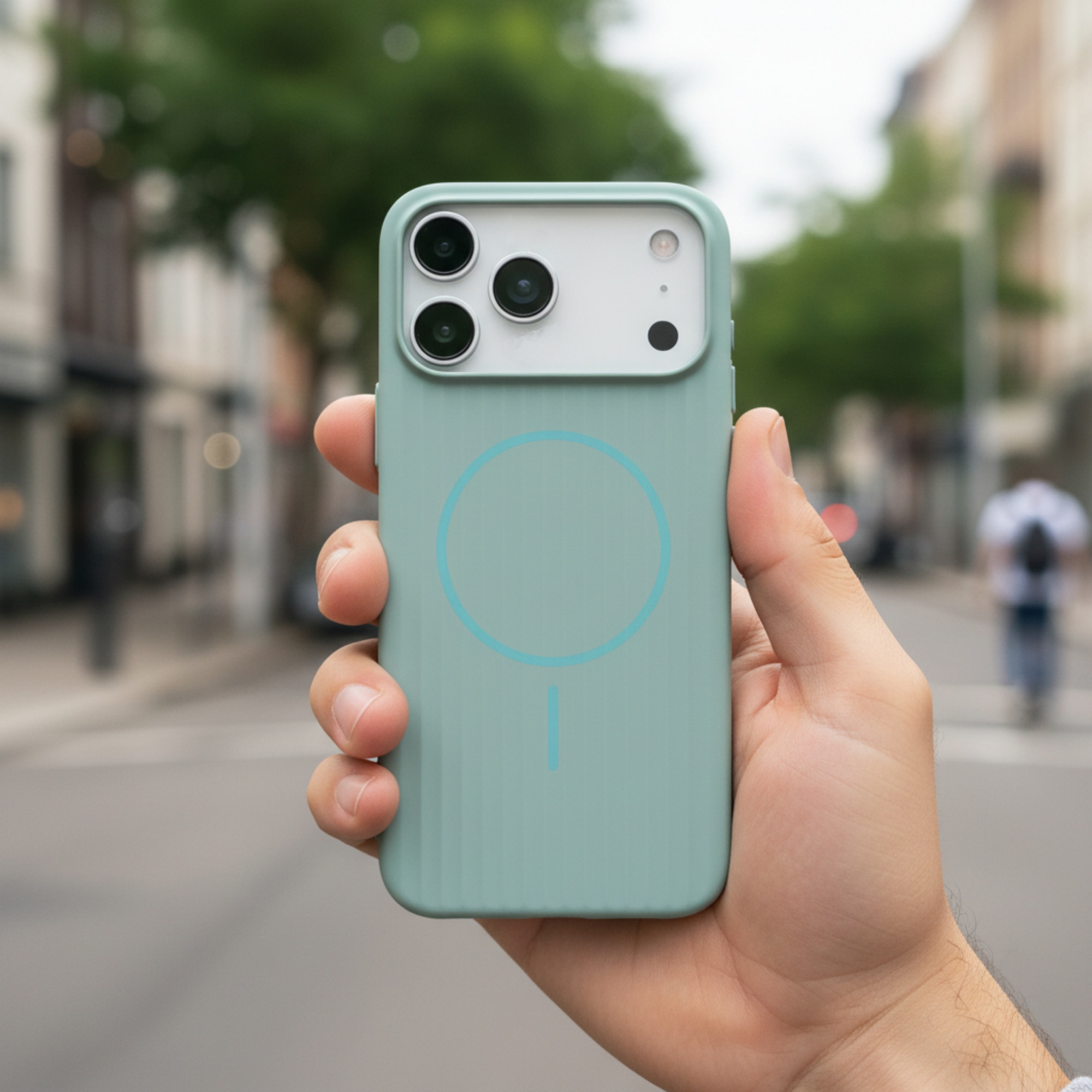 Husa Premium pentru iPhone 17 PRO, Policarbonat Dur, Functie MagSafe, Anti-Soc, Mata cu Dungi, Ultra Slim, Protectie Spate, Albastru Cenusiu