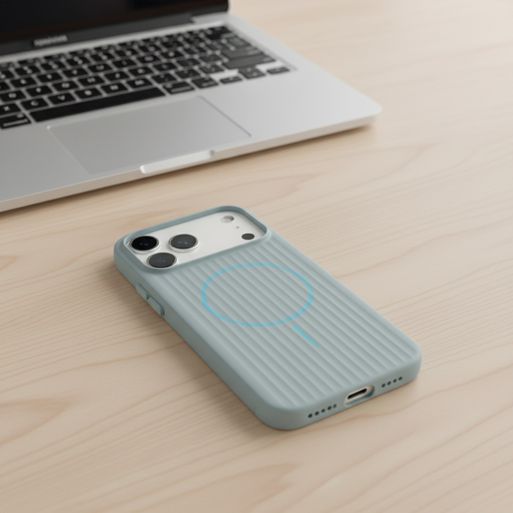 Husa Premium pentru iPhone 17 PRO, Policarbonat Dur, Functie MagSafe, Anti-Soc, Mata cu Dungi, Ultra Slim, Protectie Spate, Albastru Cenusiu