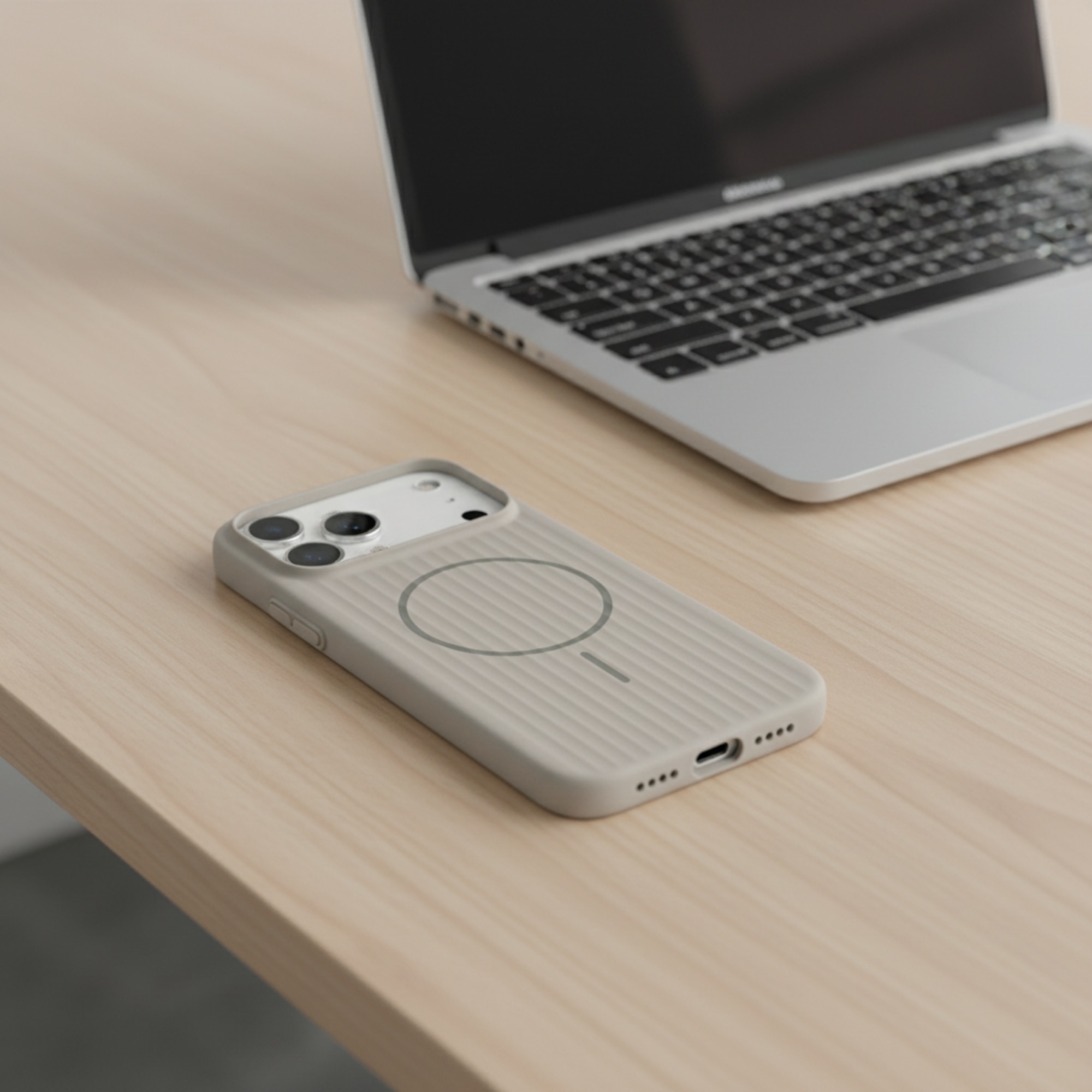 Husa Premium pentru iPhone 17 PRO, Policarbonat Dur, Functie MagSafe, Anti-Soc, Mata cu Dungi, Ultra Slim, Protectie Spate, Gri