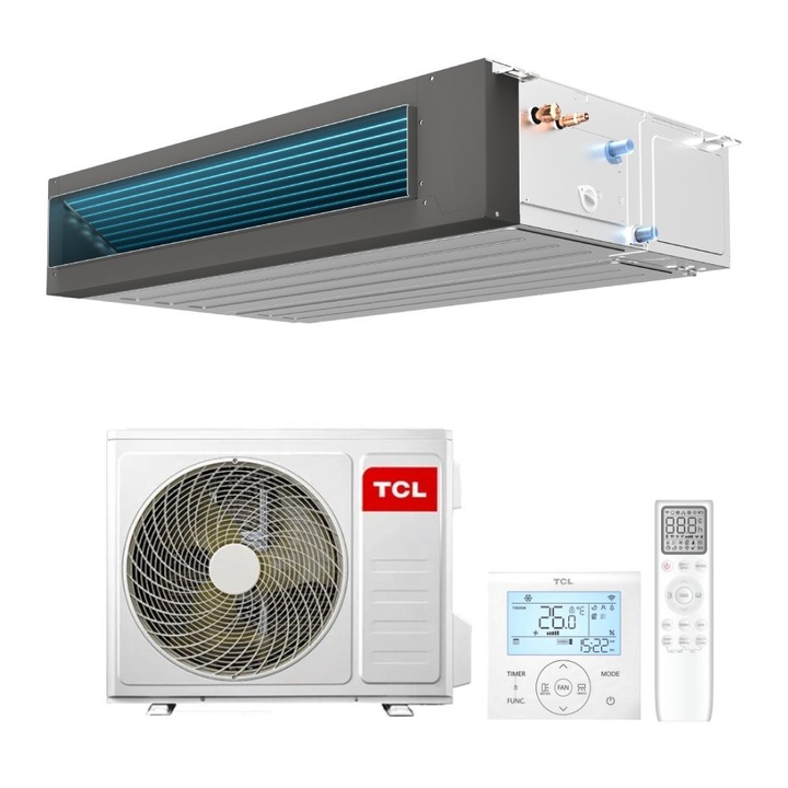 Sistem aer conditionat tip duct TCL 48000 BTU A++, Optimizat pentru Incalzire, Hotel Mode, Pompa de Condens, Telecomenzi IR si cablata, WiFi, Trifazat TCC-48D1HWH/DVI(04) - TCC-48HH/DV7O(04)