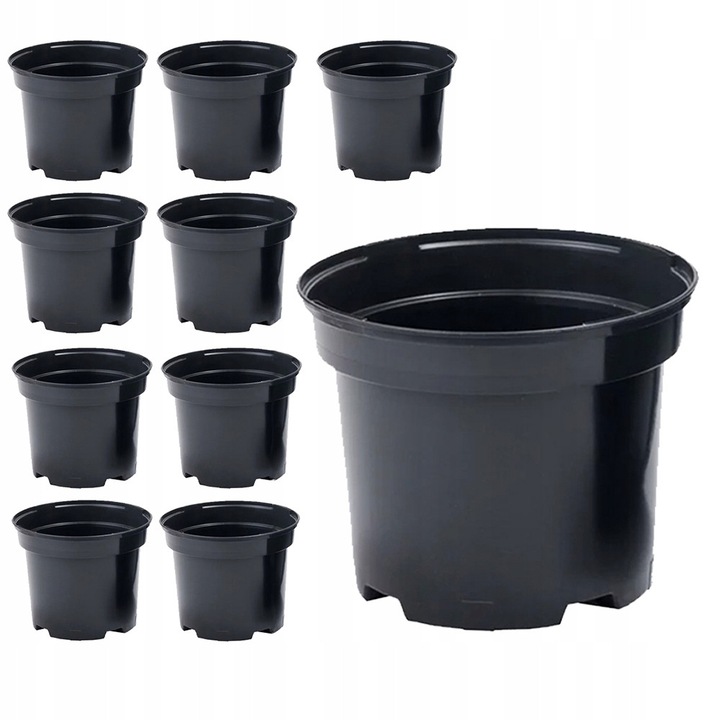 Set 10 Ghivece Negre, DonKwiat, Plastic Rezistent, 25cm, 7.5L