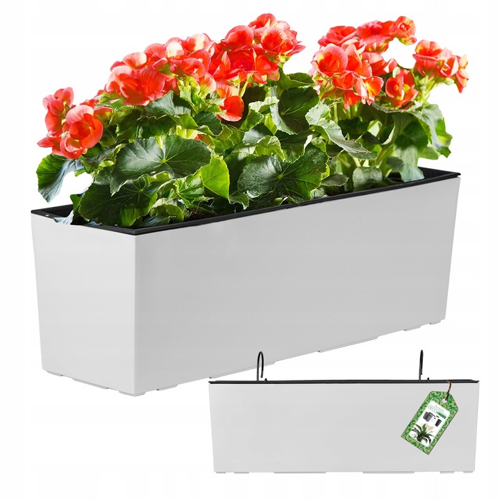 Set 3x Ghiveci Suspendat Alb, Donica pentru Balcon, cu Haci, Dimensiuni 58x18x19,5cm