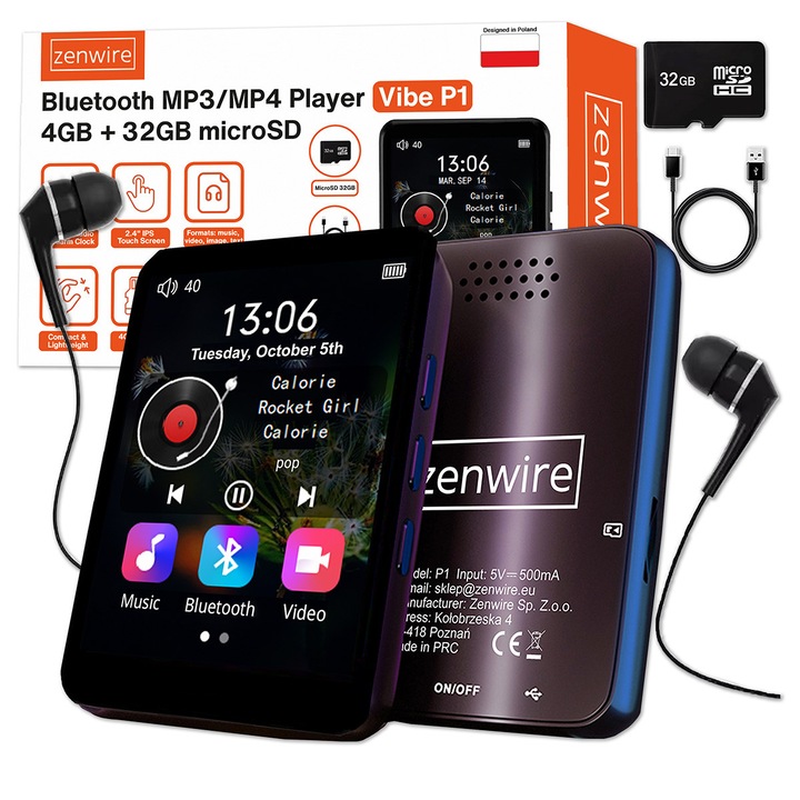 Player MP3/MP4 Zenwire® Vibe P1, ecran tactil 2.4", Bluetooth, radio FM, memorie 36 GB, set cu casti, redare video, design compact 75×52×12 mm, ideal sport & calatorii