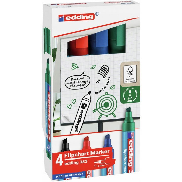 Edding E-383 flipchart marker készlet, 1-5 mm, 4 szín, szagtalan