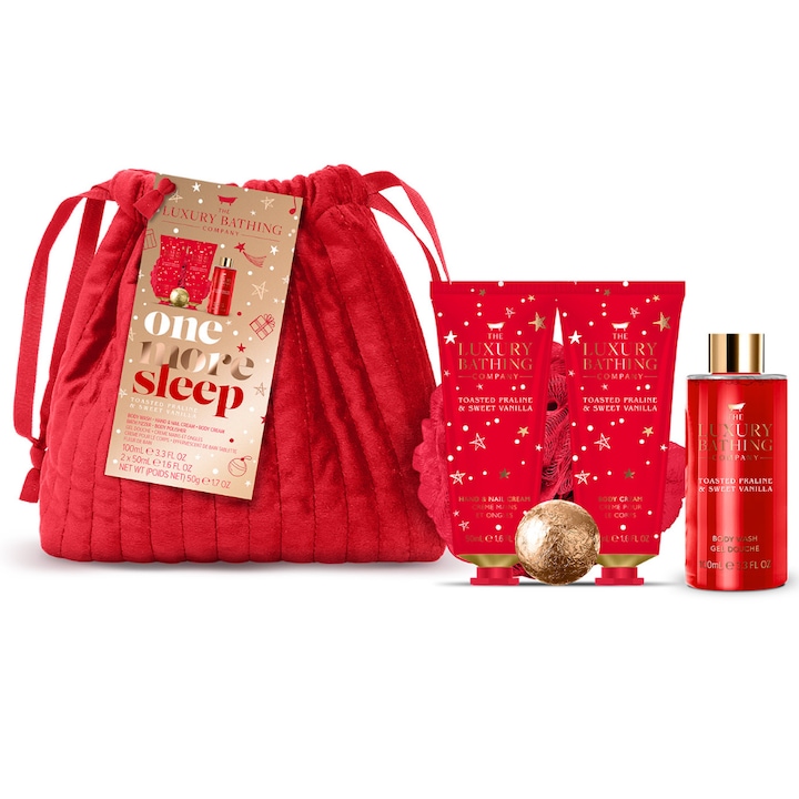 Ajándék karácsonyi szett, The Luxury Bathing Company by Grace Cole, Praliné és Vanília – luxus szett tusfürdővel, kézkrémmel, testápolóval, fürdősóval, fürdőszivaccsal és bársony neszesszerrel, 6 termék