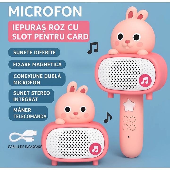 Microfon Muzical Interactiv pentru Copii – Iepuras Roz, cu Lumina, Sunet, Fixare Magnetica si Slot pentru Card, Jucarie Educativa 3+ Ani