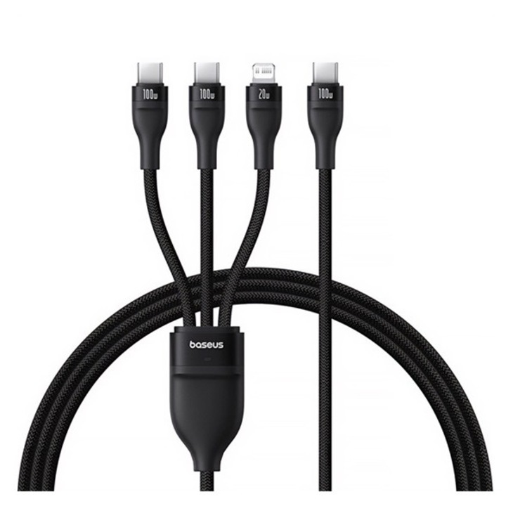 Baseus flash series iii adatkábel 3in1, type-c - 2 type-c/lightning, pd gyorstöltő, 100w, 150cm, fekete