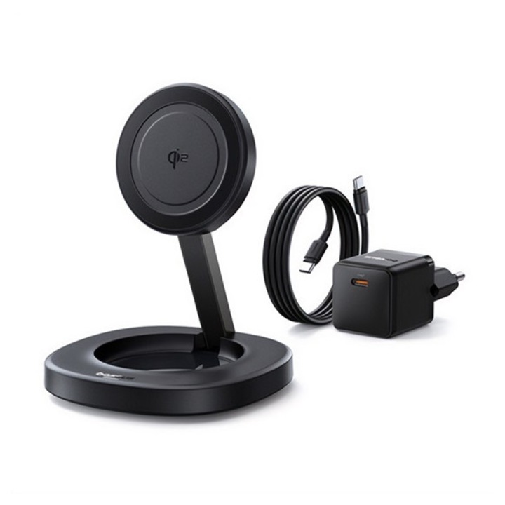 Baseus enerfill ff11 asztali töltő, 15w, gyorstöltő, wireless, magsafe, összehajtható + tápegység, fekete