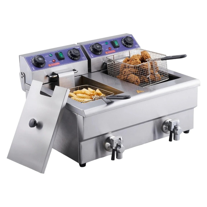 Kereskedelmi elektromos fritőz, 12 literes dupla tartály, állítható termosztát időzítővel és szűrővel, rozsdamentes acél pultos kivitel, ezüst