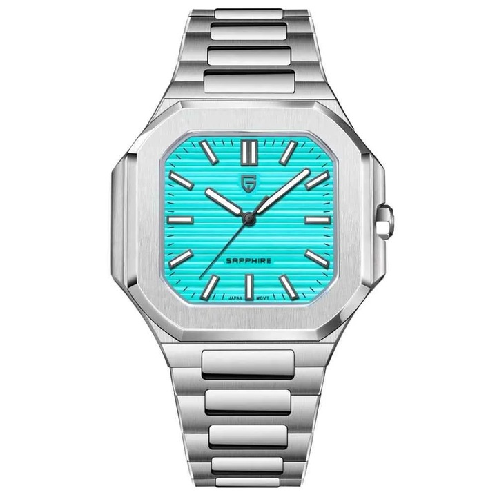 PAGANI DESIGN PD-YS019 férfi karóra, türkiz számlap, 37 mm, szintetikus zafír, rozsdamentes acél szíj
