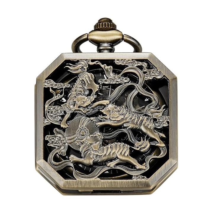 Ceas de buzunar Gorben PM031 Bronz - Mecanic, Afisaj cu Cifre Romane, Capac cu Tigrii, Cu Lant Vintage Retro