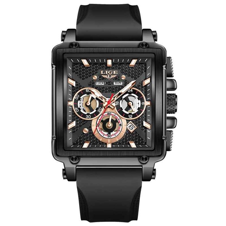 Мъжки кварцов часовник LIGE 89217, квадратен дизайн, силиконова каишка, светещ, календар, водоустойчив 3ATM, спортен и ежедневен