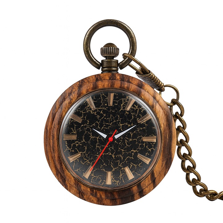 Ретро скелетонен механичен джобен часовник, дървен корпус, видим циферблат, верижка за закачалка, винтидж