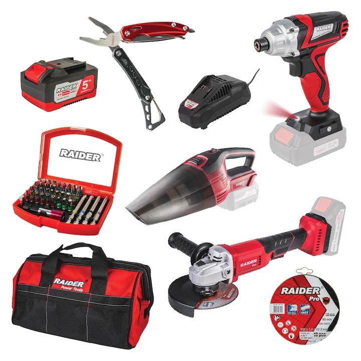 Акумулаторен Комплект Raider RDP-BXS3, 3 машини R20, Аксесоари, Батерия 5Ah, Зарядно, Чанта