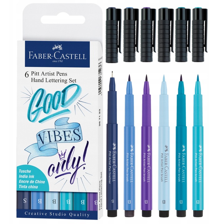 Set 6 Markere Faber-Castell Pitt Handlettering, albastru, rezistente la apă, pigmentate