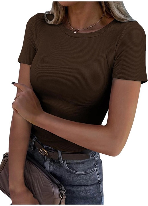 Tricou mulat, cu dungi, slim fit, de vara, cu guler rotund, maneca scurta, elastic, Maro
