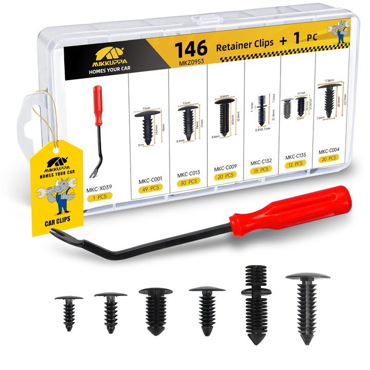 Set 146 clips de retentie auto cu unealta de indepartare, pentru caroserie, usi, aripi, protectie impotriva stropilor