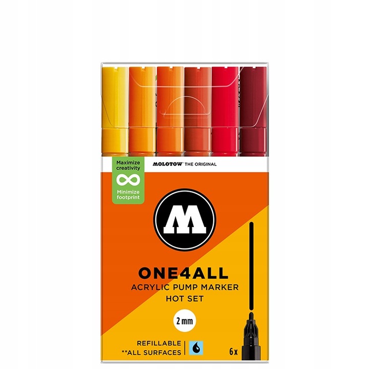 Комплект акрилни маркери Molotow One4All 127HS Hot, 6 цвята, връх 2мм, многоцветен