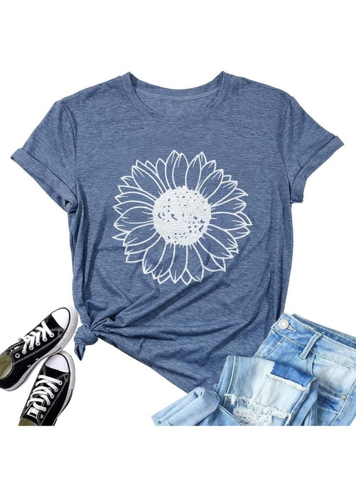 Tricou de vara pentru femei, imprimeu floral, albastru L