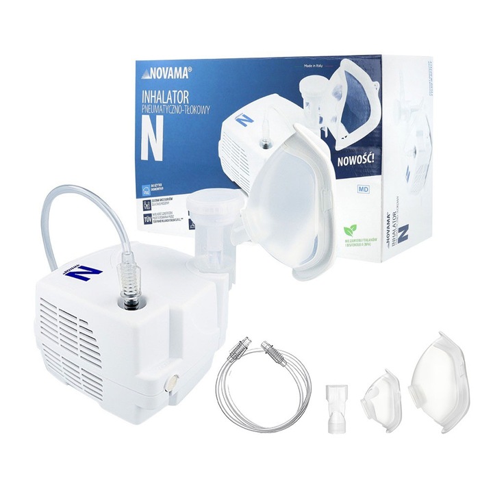 Aparat de aerosoli Novama N, nebulizator cu compresor, functionare continua, sistem de economisire a medicamentului, fabricat fara bisfenol (BPA) si ftalati, masca copii si adulti SoftTouch, mustiuc