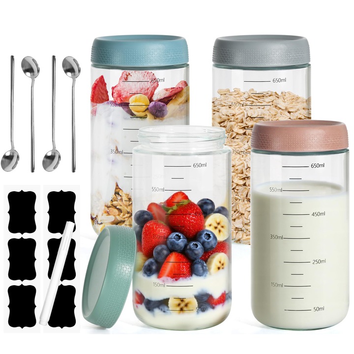 Set 4 Borcane din Sticla cu Capac Ermetic, 750 ml, Transparent, Perfecte pentru Depozitare Alimente