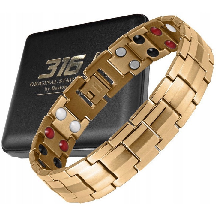 Bratara barbati, Boston Jewellery, aurie, din otel chirurgical 316L, 24,5x1,5cm, hipoalergenica, cu magneti neodim.
