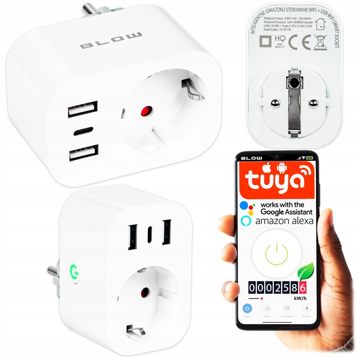 Priza inteligentă WiFi Blow cu 2x USB tip A, 1x USB tip C, monitorizare consum, dimensiuni compacte