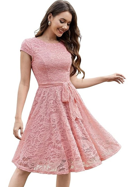 Rochie eleganta lunga pana la genunchi, maneci scurte, Roz L