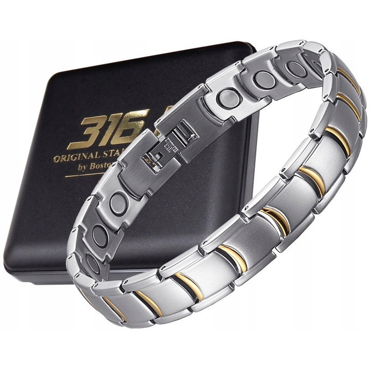 Bratara magnetica din inox 316L, Boston Jewellery, argintie/aurie, 24,5x1,2x0,3cm, hipoalergenica, cu posibilitate de scurtare