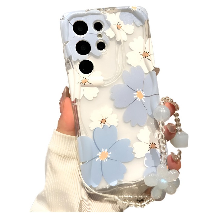 Husa de Protectie Samsung Galaxy A56, flori albastre si albe, Anti Shock, Protectie camera, ecran si colturi