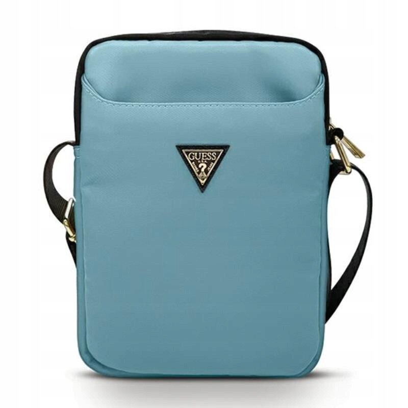Guess, Geanta crossbody din nylon cu logo metalic triunghi, 2 compartimente si curea reglabila, Nylon Triangle Logo, Albastru deschis, 10 (26x20x5 cm)
