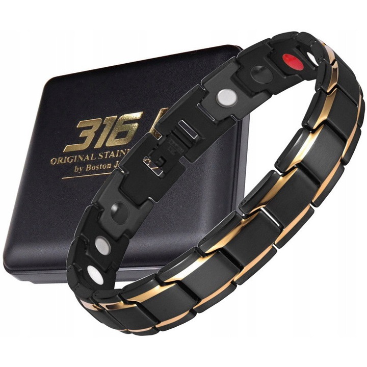 Bratara magnetica, Boston Jewellery, otel chirurgical 316L, aurire 18K, neagra, 20,5 cm