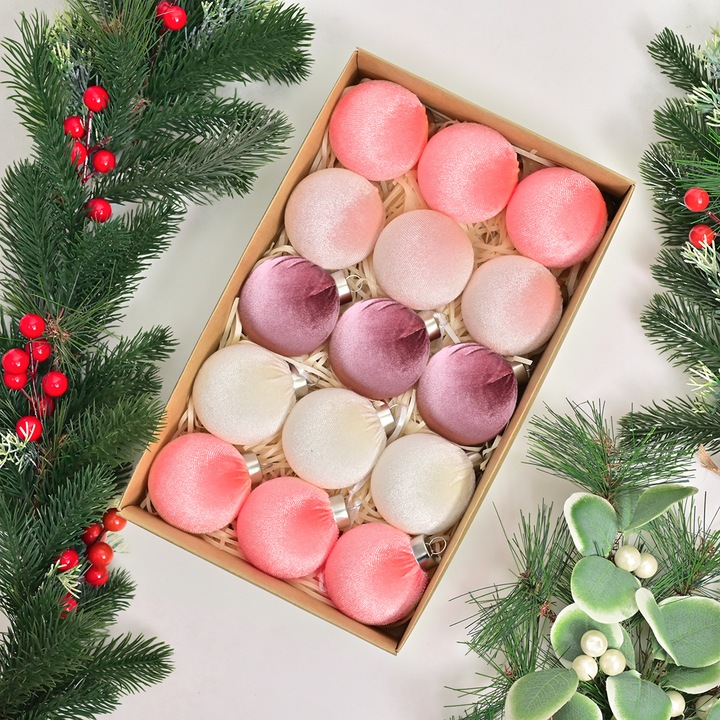 Set 15 globuri de Craciun, 60mm, roz, rezistente la socuri