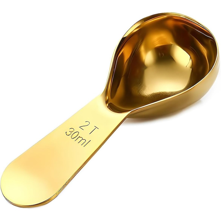 Lingurita de cafea, otel inoxidabil 18/8 304, lingurita dozatoare 30 ml, reutilizabila, marime medie, usor de depozitat in canistre de cafea, finisaj auriu