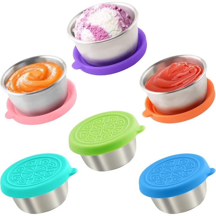 Set de 6 recipiente pentru sosuri din inox, cu capace din silicon colorate, rezistente la scurgeri, 1.6 oz, pentru pranzuri si picnicuri