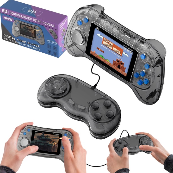 AjieQaQ Q8 hordozható játékkonzol, 800 játék, vezeték nélküli, átlátszó fekete, 16,8x9,4x3,8 cm, teljes készlet