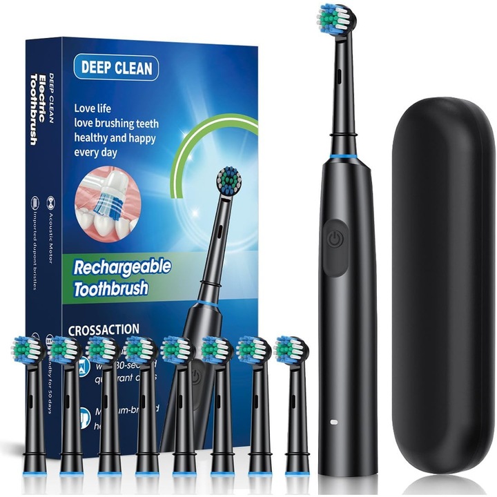 Periuta de dinti electrica sonica, 5 moduri, 15mm, cu 8 capete si husa magnetica, negru