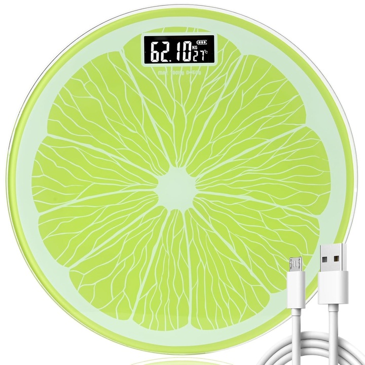 Кантар за телесно тегло, презареждаем, до 180 кг, не изисква батерии, уникален дизайн във формата на резен лимон, голям LED дисплей с температура, автоматично включване/изключване, 30*30 см, кантар за телесно тегло