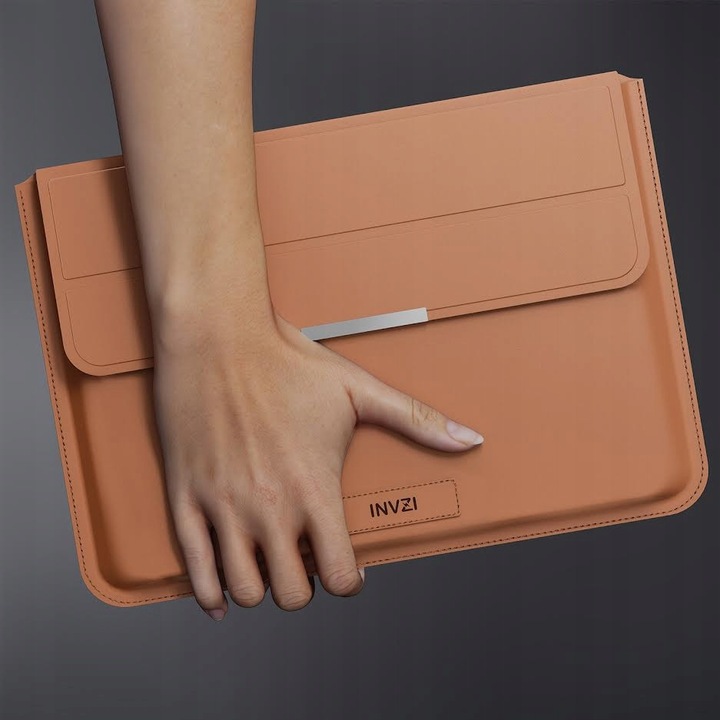 Etui din piele pentru MacBook Pro/Air 13''/14'', INVZI, culoare maro, functie de suport