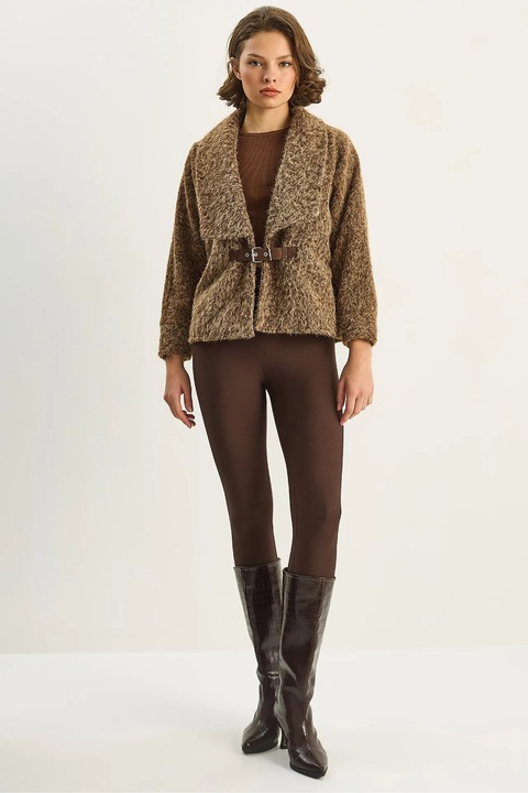 Palton dama HiCCUP, maro camel, fleece, detaliu curea