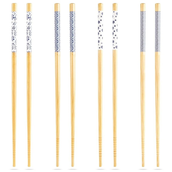 Комплект от 4 чифта клечки за суши, Excellent Houseware, бамбук, 24 см, декорирани в гранат и бяло