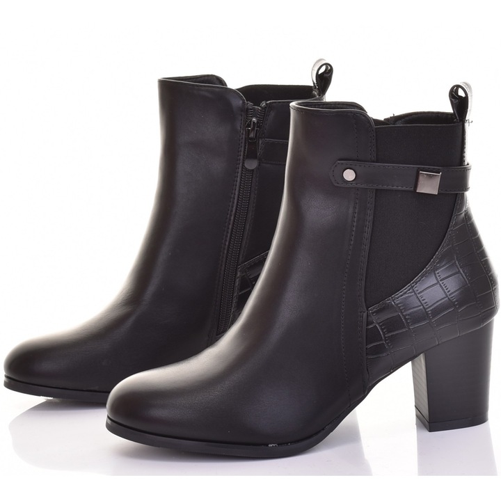 Botine dama, Martinus, piele ecologica, toc stabil, negru, 39 EU